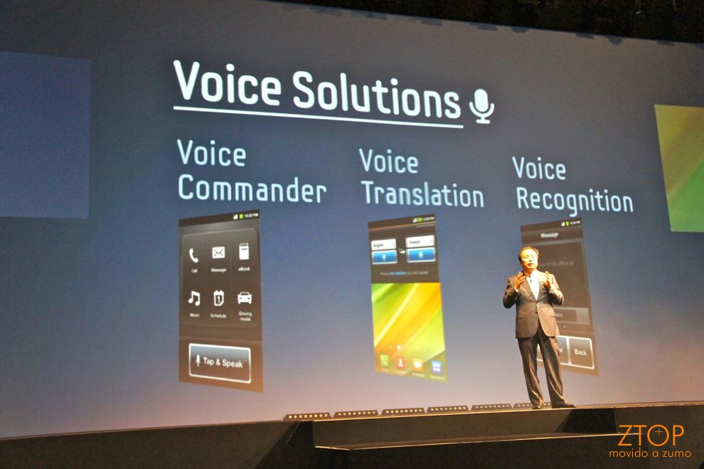Shin também falou de 3 novos recursos integrados aos Androids: comandos de voz, tradução integrada e reconhecimento de voz (e funciona!)